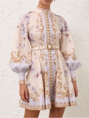 Zimmermann Baroque Floral Linen Dress Size 0 Belted Puff Sleeve Mini